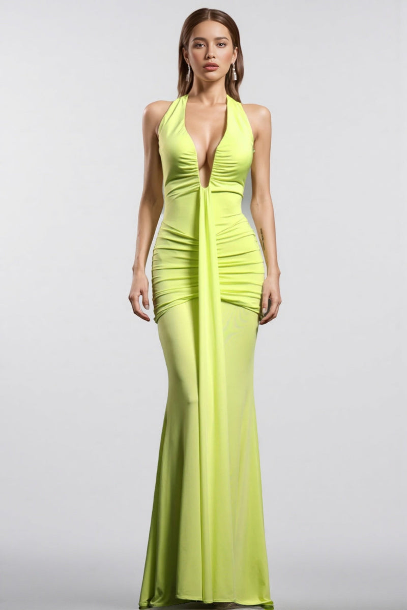 Malvina Halter V Neck Wrinkles Green Maxi Dress