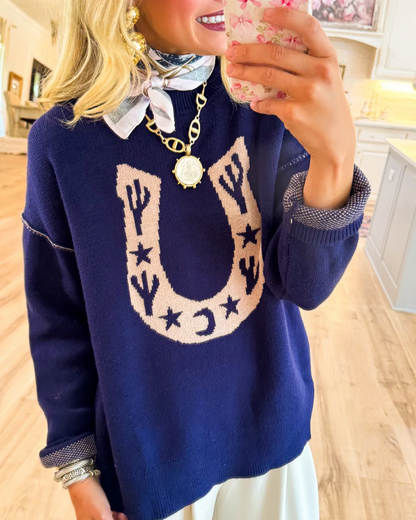 Navy Western Horseshoe Cactus Knit Sweater