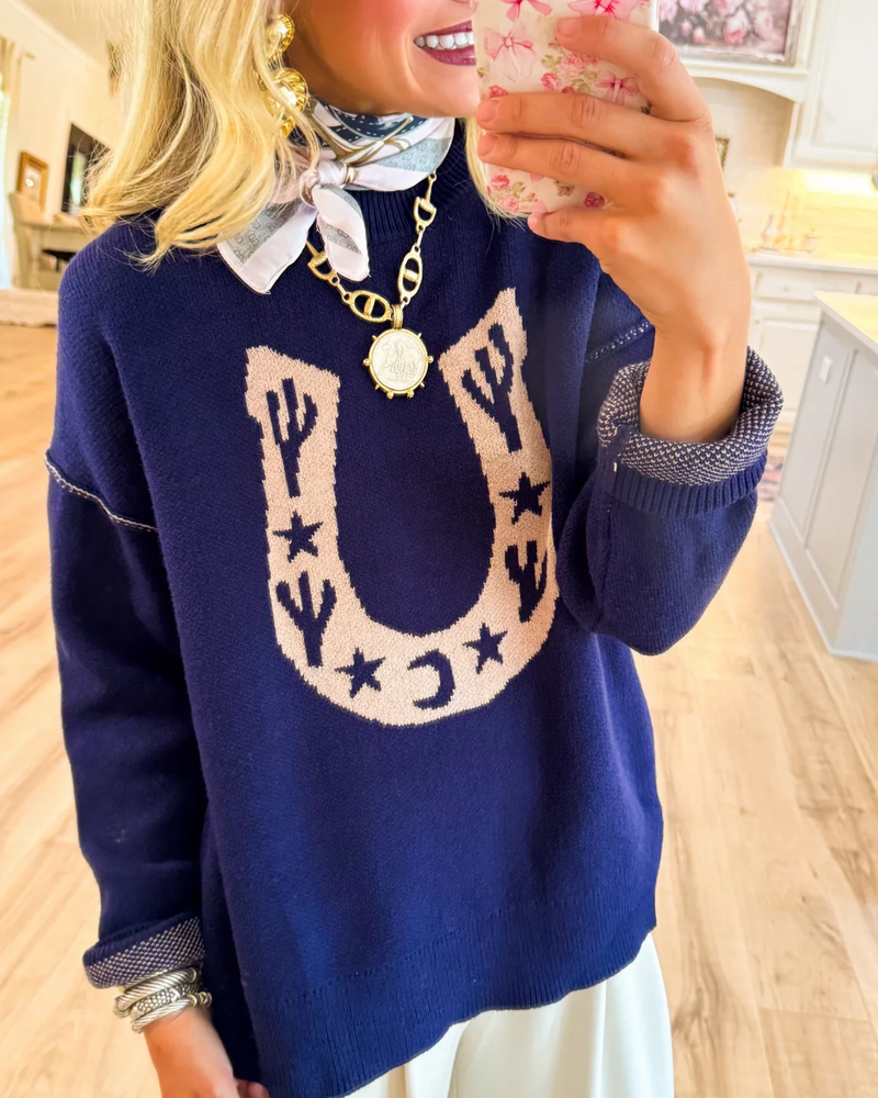 Navy Western Horseshoe Cactus Knit Sweater