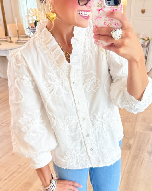 White Button-down 3d Blouse