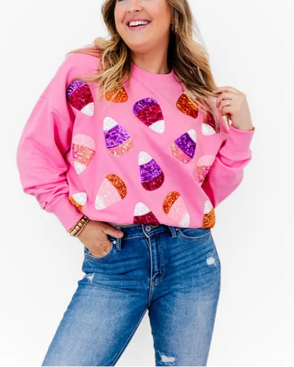 Candy Corn Sequin Embellished Sweatshirt-pink