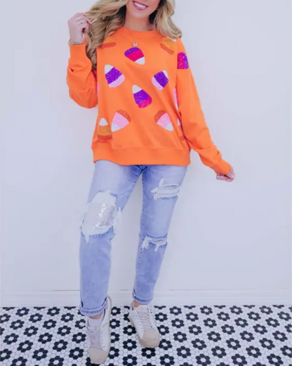 Candy Corn Sequin Embellished Sweatshirt-orange