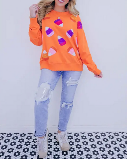 Candy Corn Sequin Embellished Sweatshirt-orange