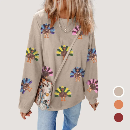 Sequined Turkey Drop Shoulder Sweatshirt