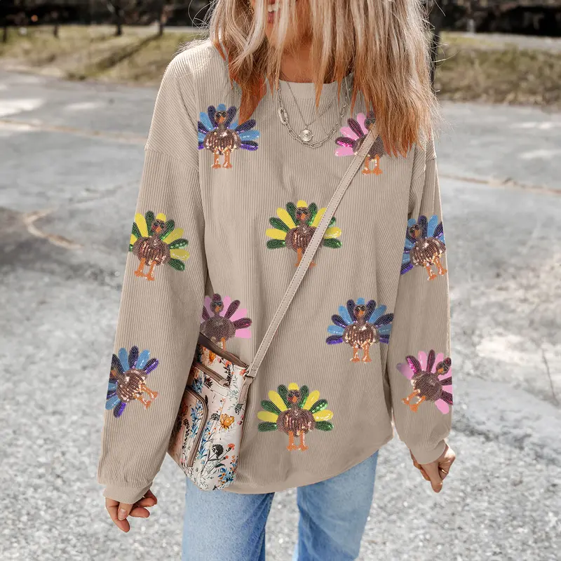 Sequined Turkey Drop Shoulder Sweatshirt