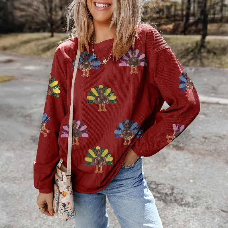 Sequined Turkey Drop Shoulder Sweatshirt