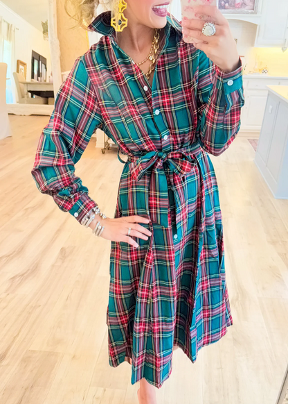 Hunter Green Multi Plaid Midi Dress