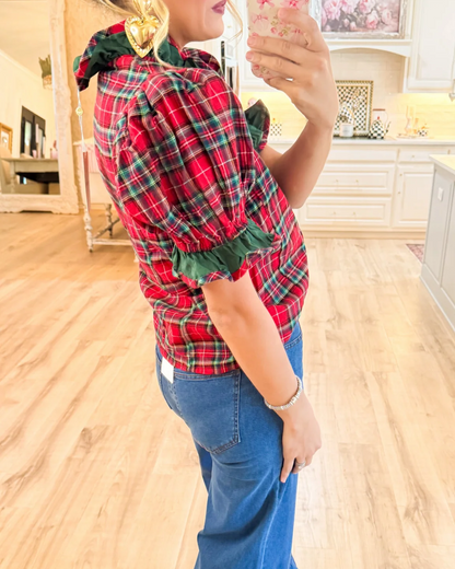 Plaid Puff Sleeve Ruffle Trim Blouse