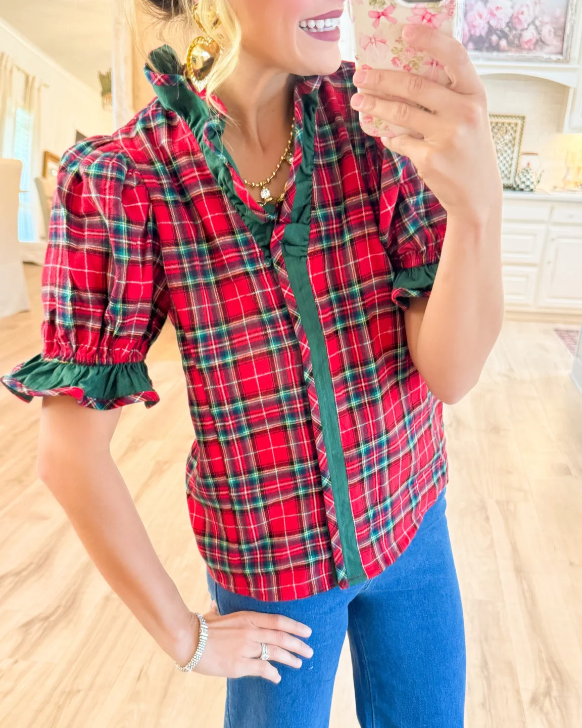 Plaid Puff Sleeve Ruffle Trim Blouse