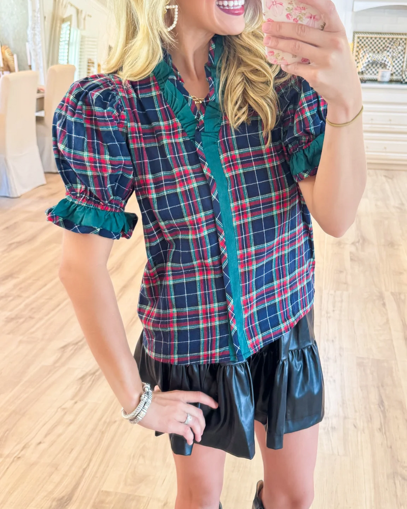 Plaid Puff Sleeve Ruffle Trim Blouse