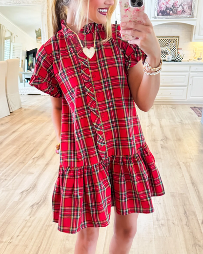 Red Plaid Frilled Neck Mini Dress