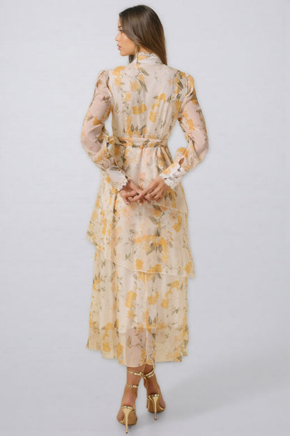 Leonasd Lace Splicing Chiffon Ruffle Midi Dress