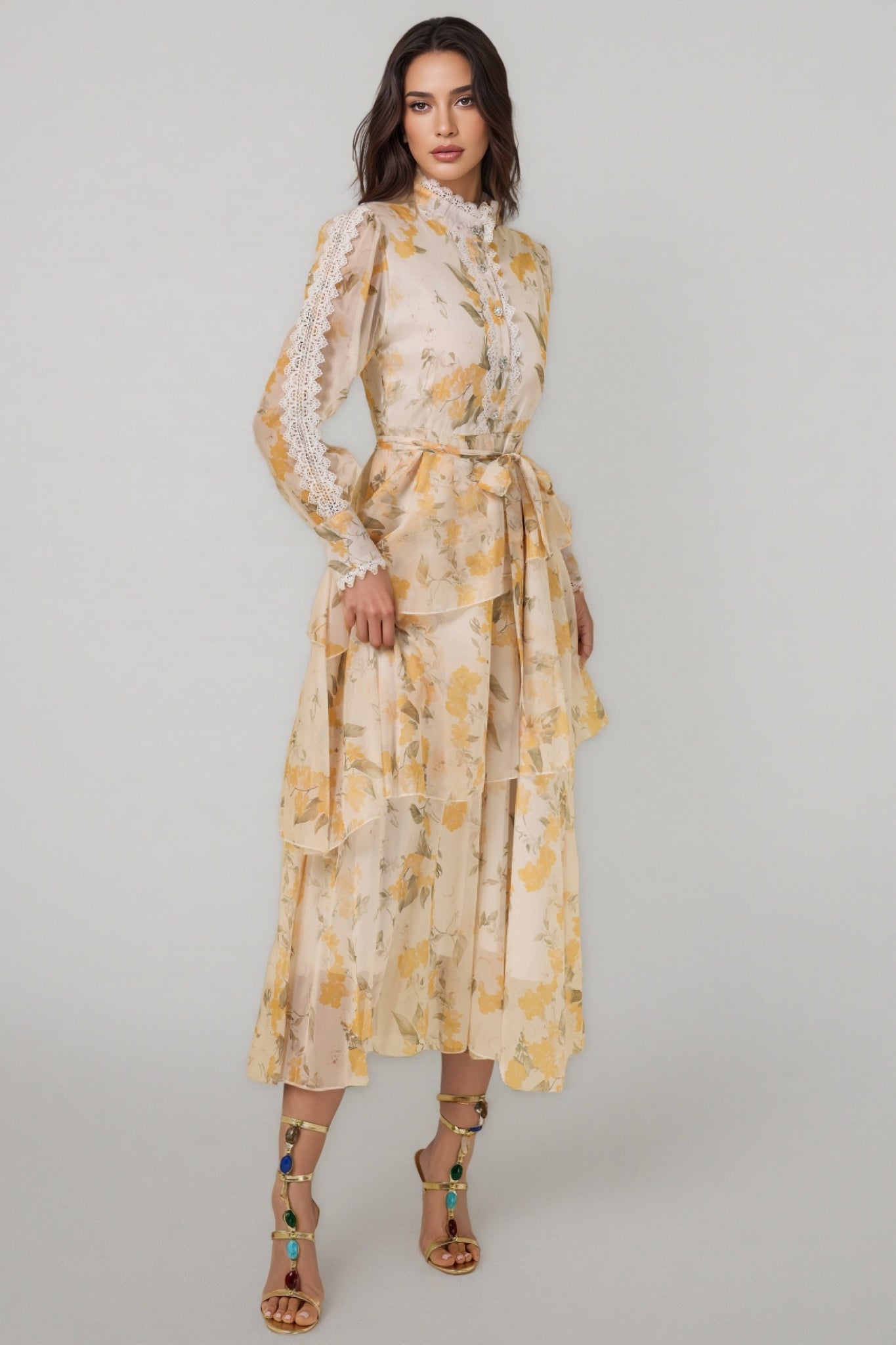Leonasd Lace Splicing Chiffon Ruffle Midi Dress