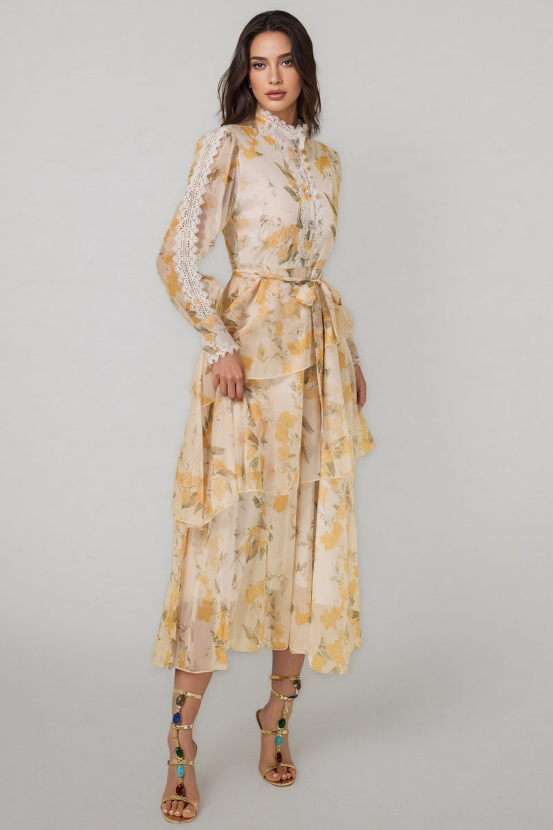 Leonasd Lace Splicing Chiffon Ruffle Midi Dress