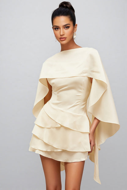 Lyssty White Shawl Panel Ruffled Satin Mini Dress
