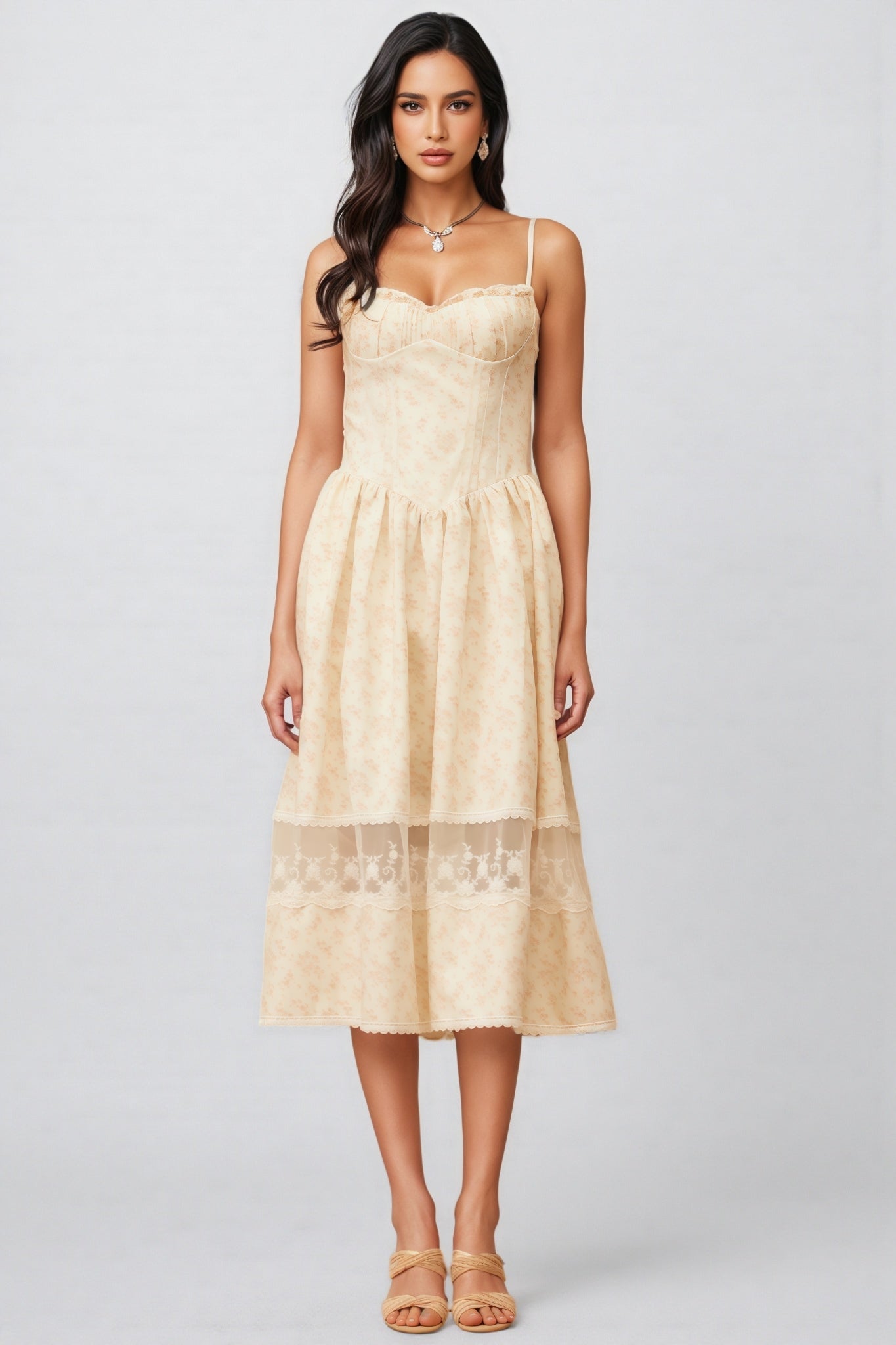 Adrienne Neutral Lace Trim Midi Dress