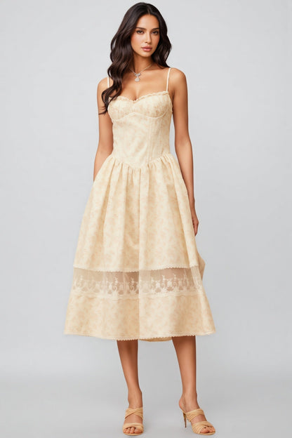 Adrienne Neutral Lace Trim Midi Dress