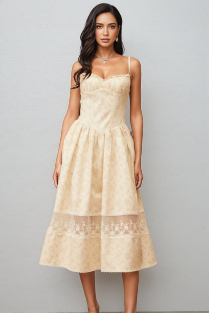 Adrienne Neutral Lace Trim Midi Dress