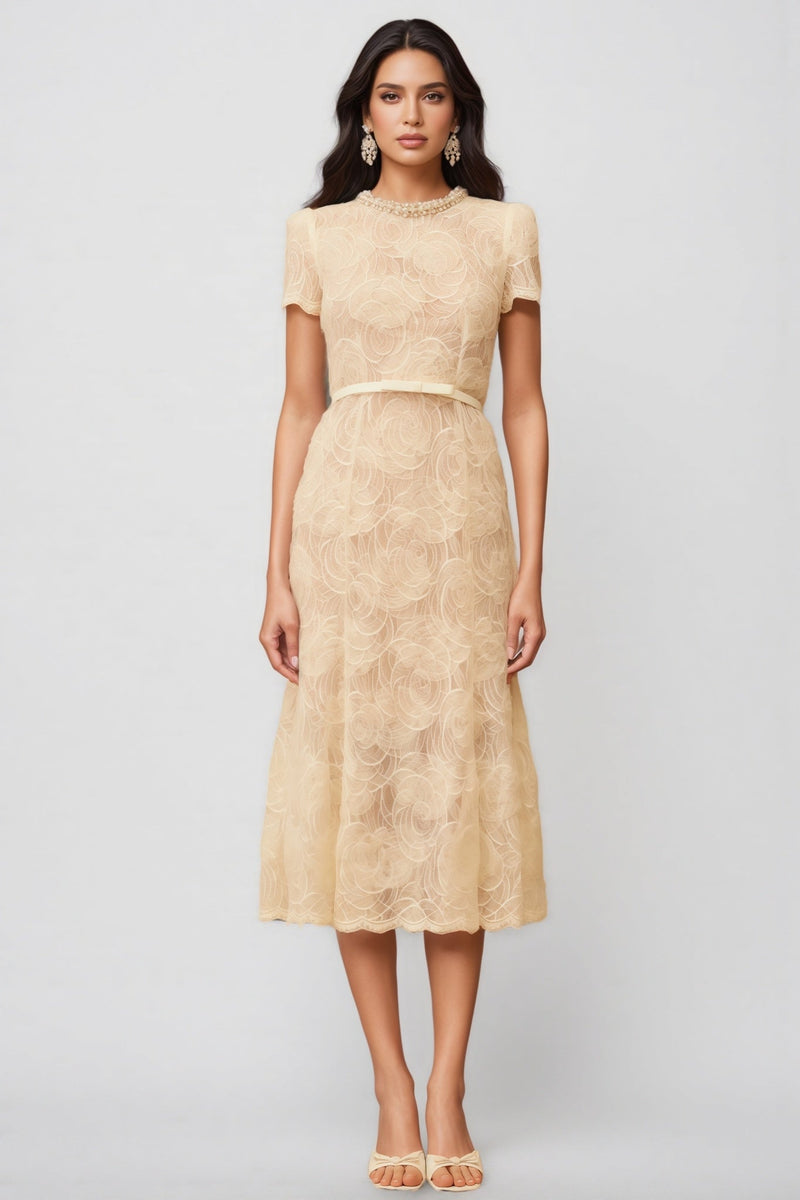 Aurore White Embellished Lace Midi Dress