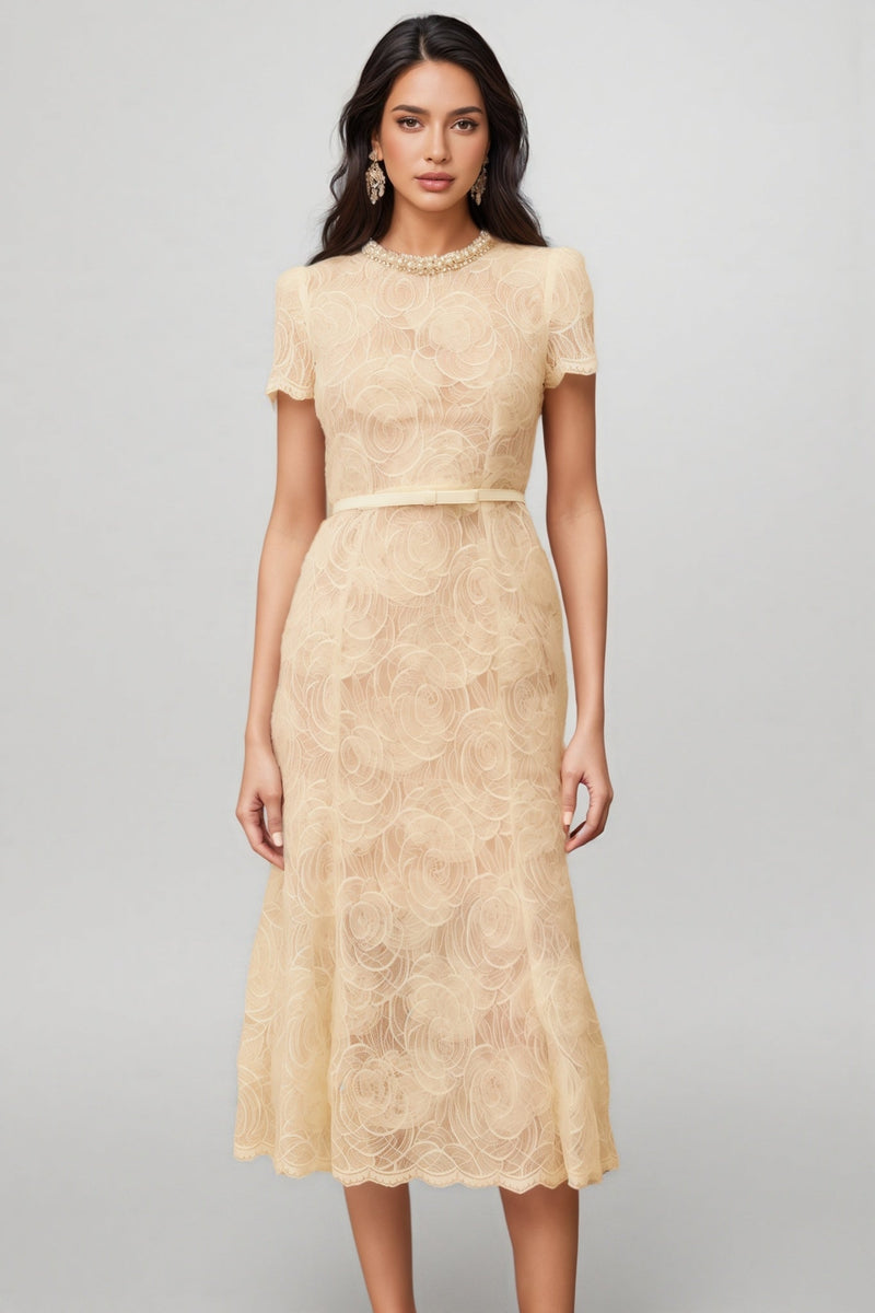 Aurore White Embellished Lace Midi Dress