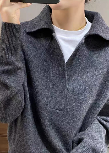 New Grey Peter Pan Collar Knit Sweater Tops Spring Ti013