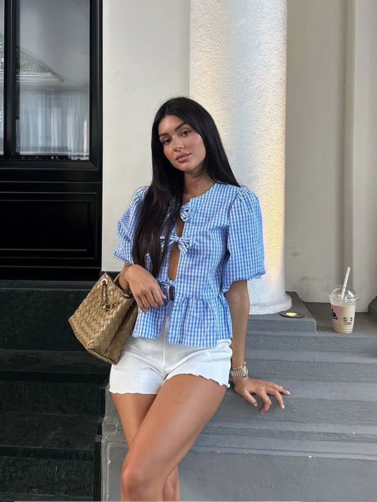 Round Neck Bow Short Sleeve Plaid Blouse