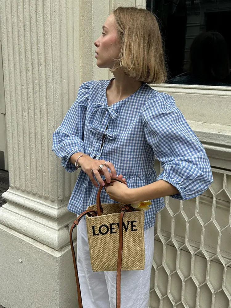 Round Neck Bow Short Sleeve Plaid Blouse