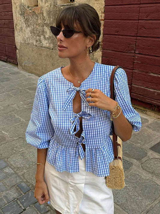 Round Neck Bow Short Sleeve Plaid Blouse