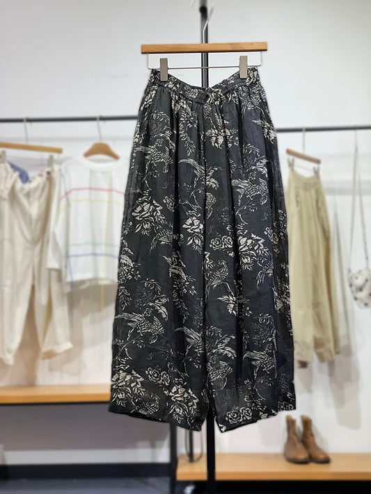 Pants Flower Vinage Wide-leg Ramie Spring