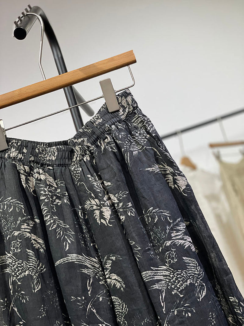 Pants Flower Vinage Wide-leg Ramie Spring