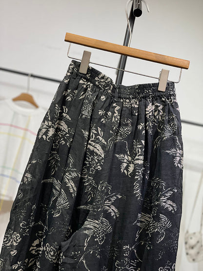 Pants Flower Vinage Wide-leg Ramie Spring