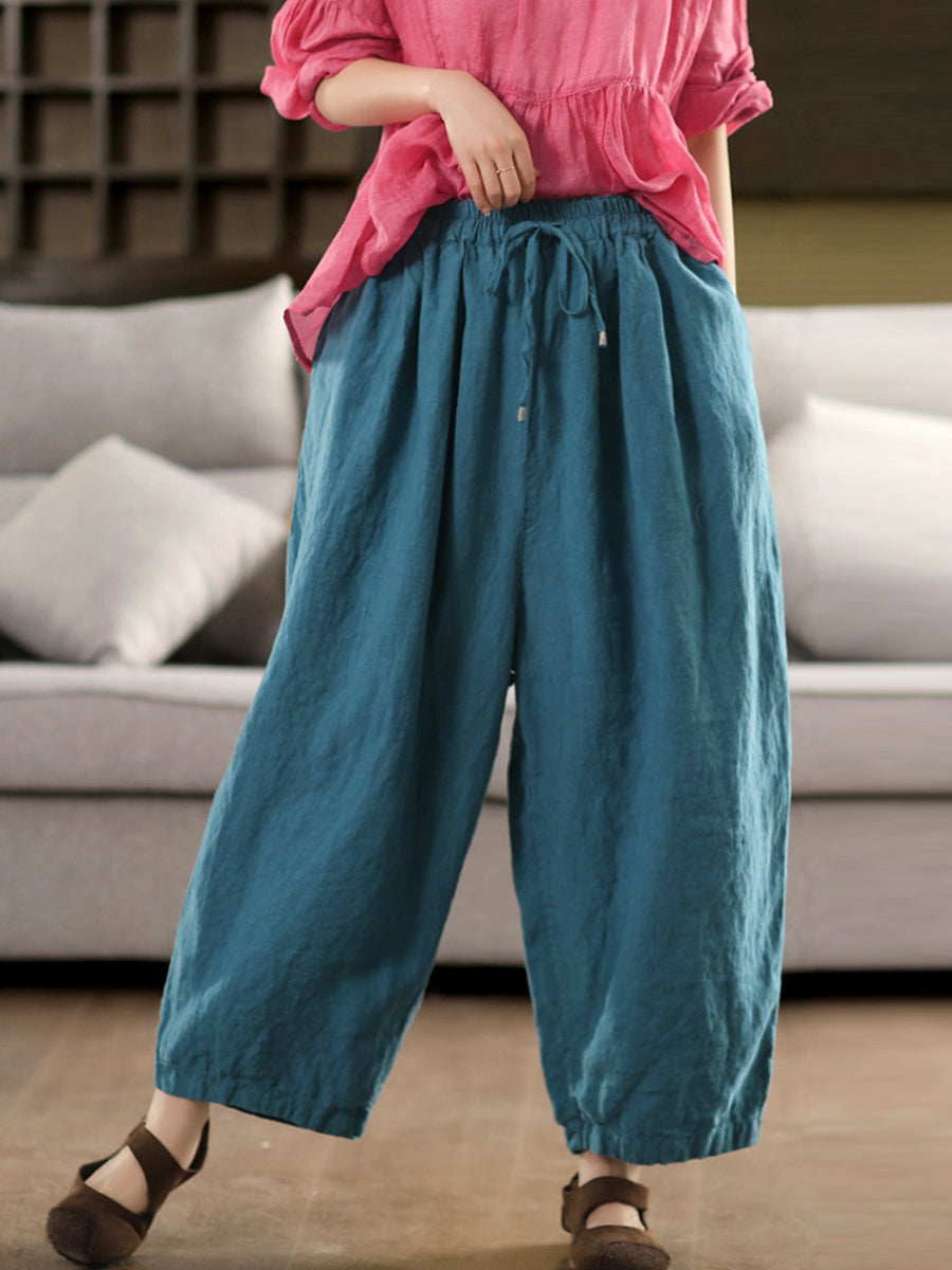 Pants Summer Color 100%linen Pure Wide-leg