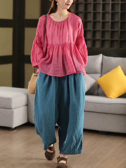 Pants Summer Color 100%linen Pure Wide-leg