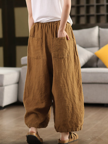 Pants Summer Color 100%linen Pure Wide-leg