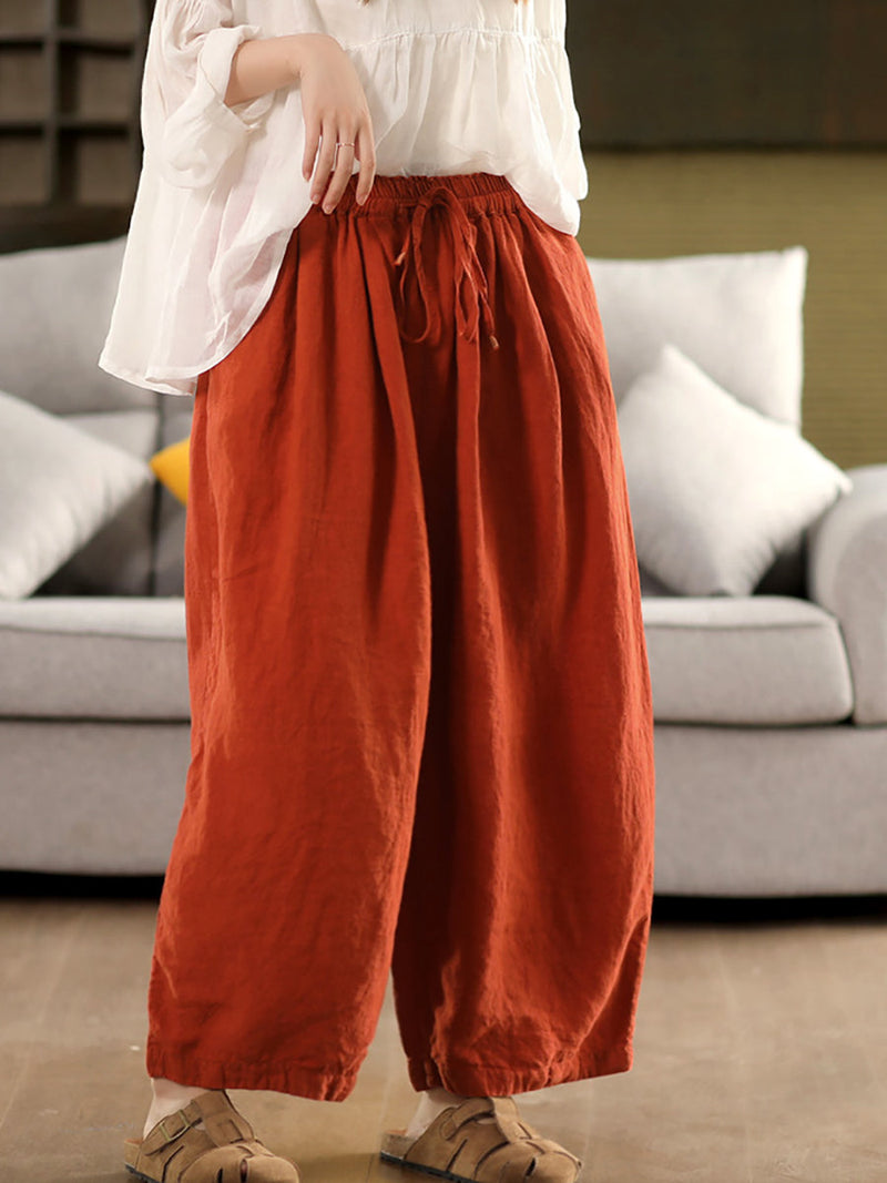 Pants Summer Color 100%linen Pure Wide-leg