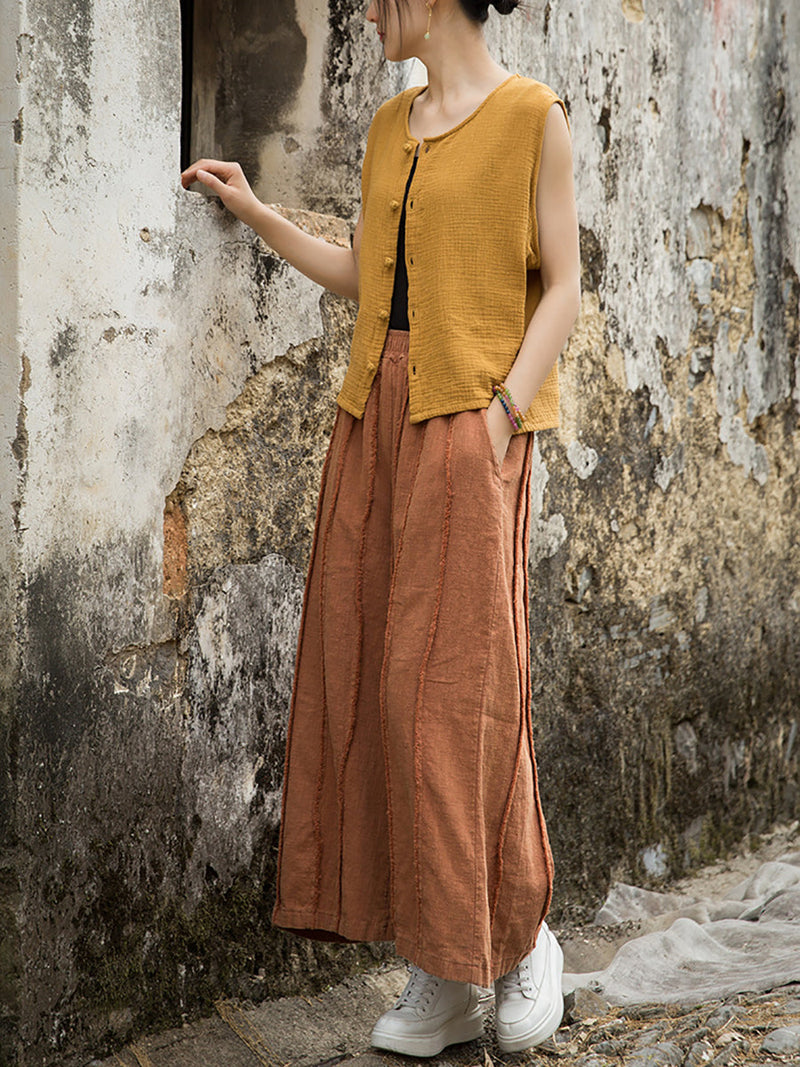 Wide-leg Ramie Summer Pants Raw-edge Worn