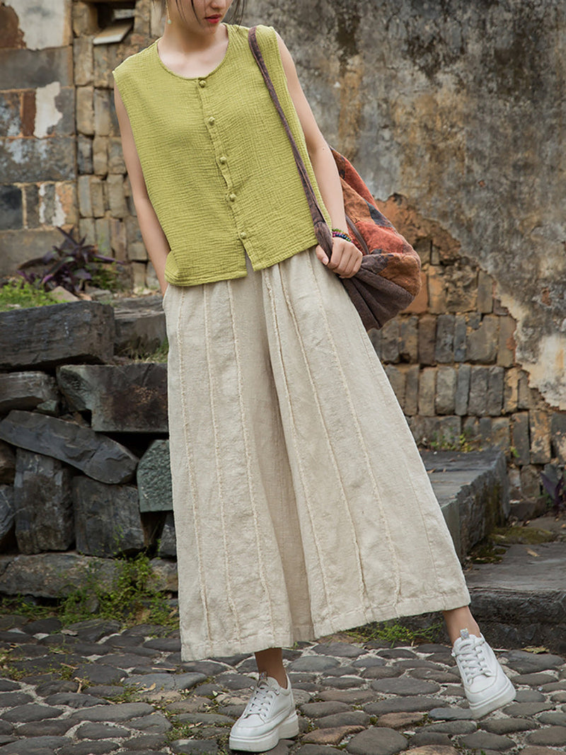 Wide-leg Ramie Summer Pants Raw-edge Worn