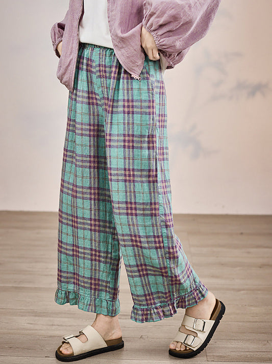 Artsy Pants Straight Summer Plaid 100%linen