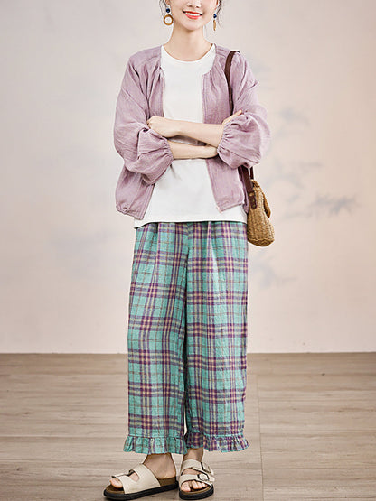 Artsy Pants Straight Summer Plaid 100%linen