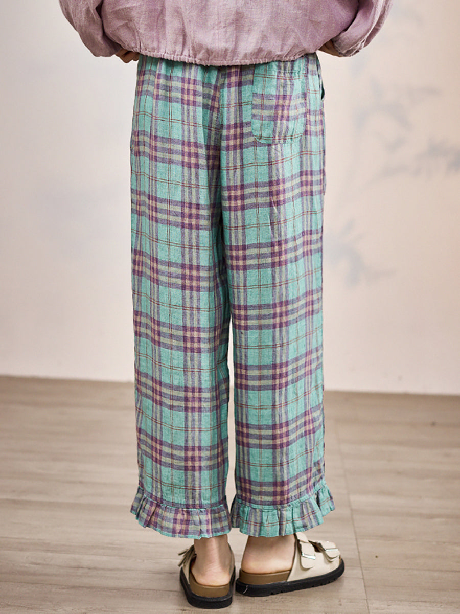 Artsy Pants Straight Summer Plaid 100%linen