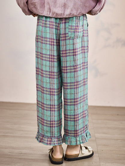 Artsy Pants Straight Summer Plaid 100%linen