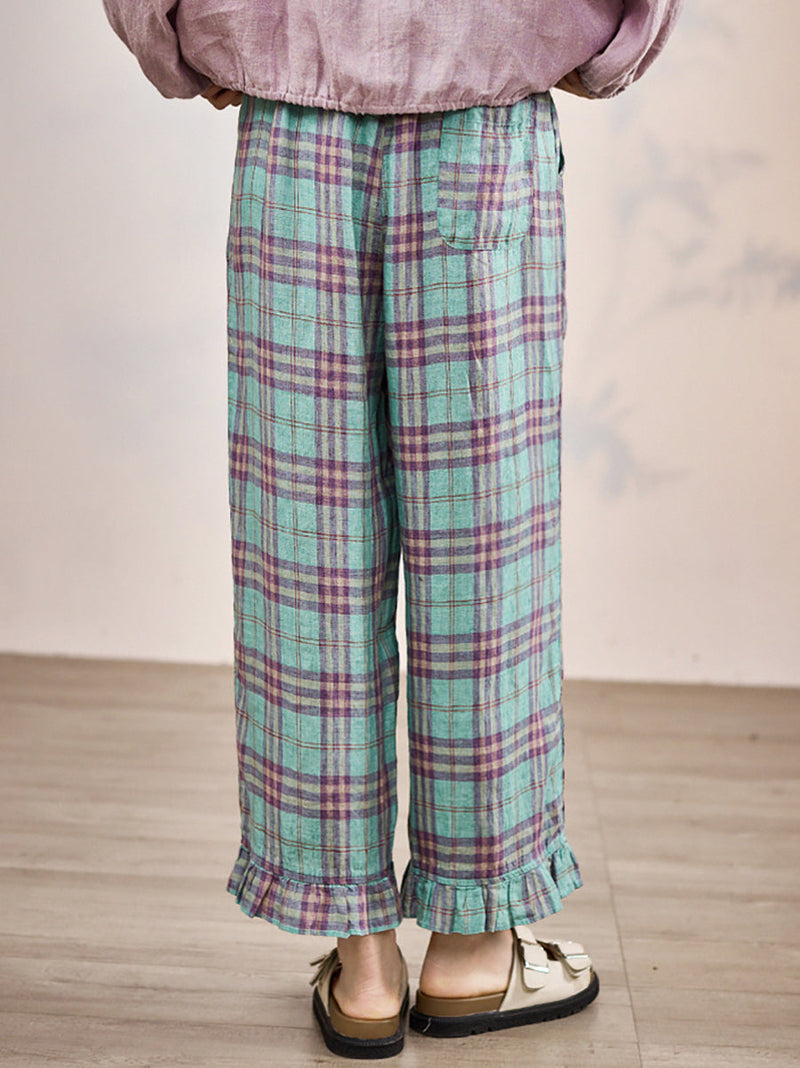 Artsy Pants Straight Summer Plaid 100%linen