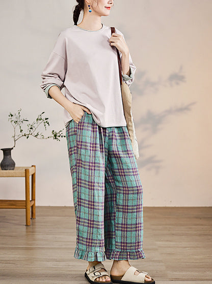 Artsy Pants Straight Summer Plaid 100%linen