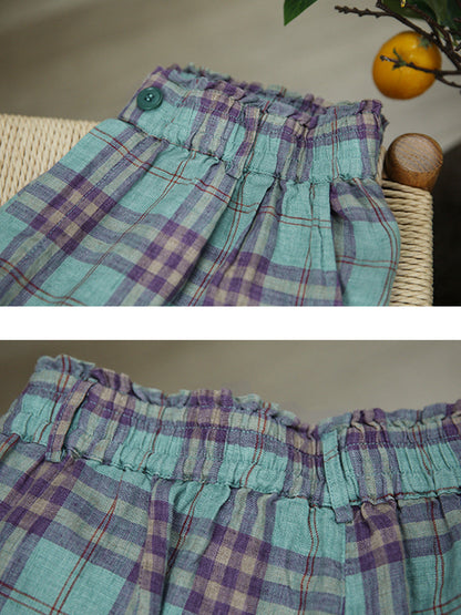 Artsy Pants Straight Summer Plaid 100%linen