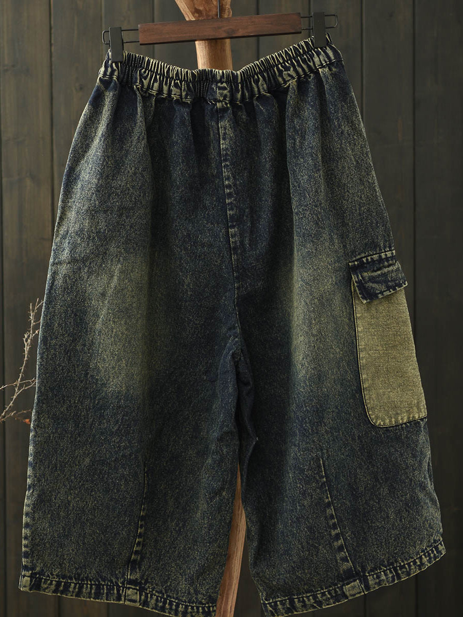 Wide-leg Patch Retro Denim Capri Pants Summer
