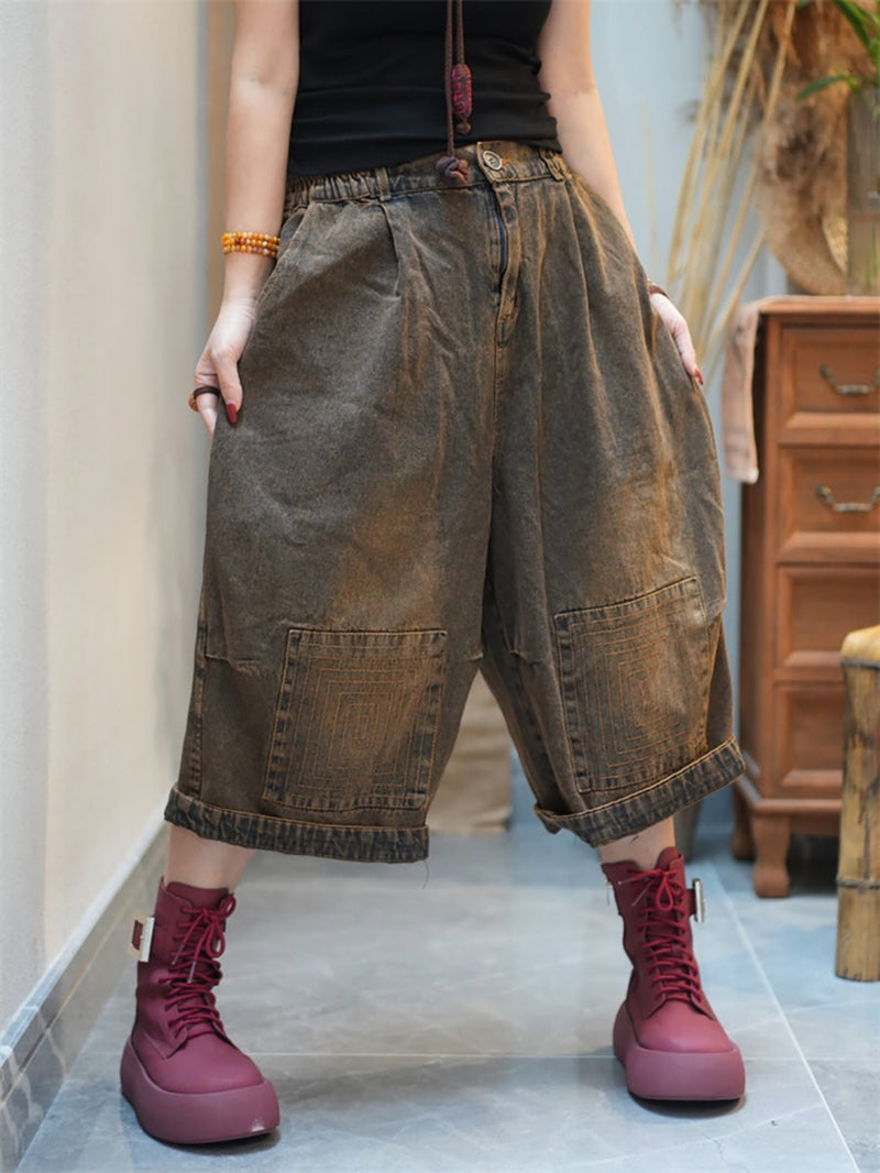 Denim Pants Wide-leg Worn Cropped