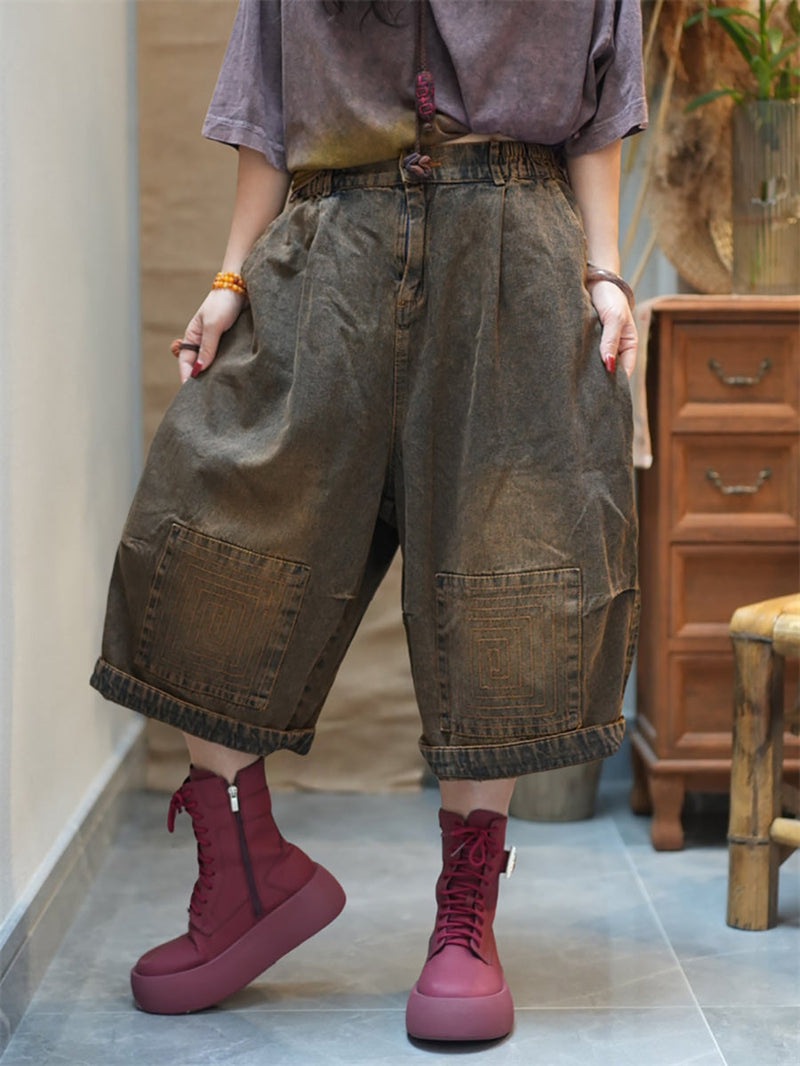 Denim Pants Wide-leg Worn Cropped