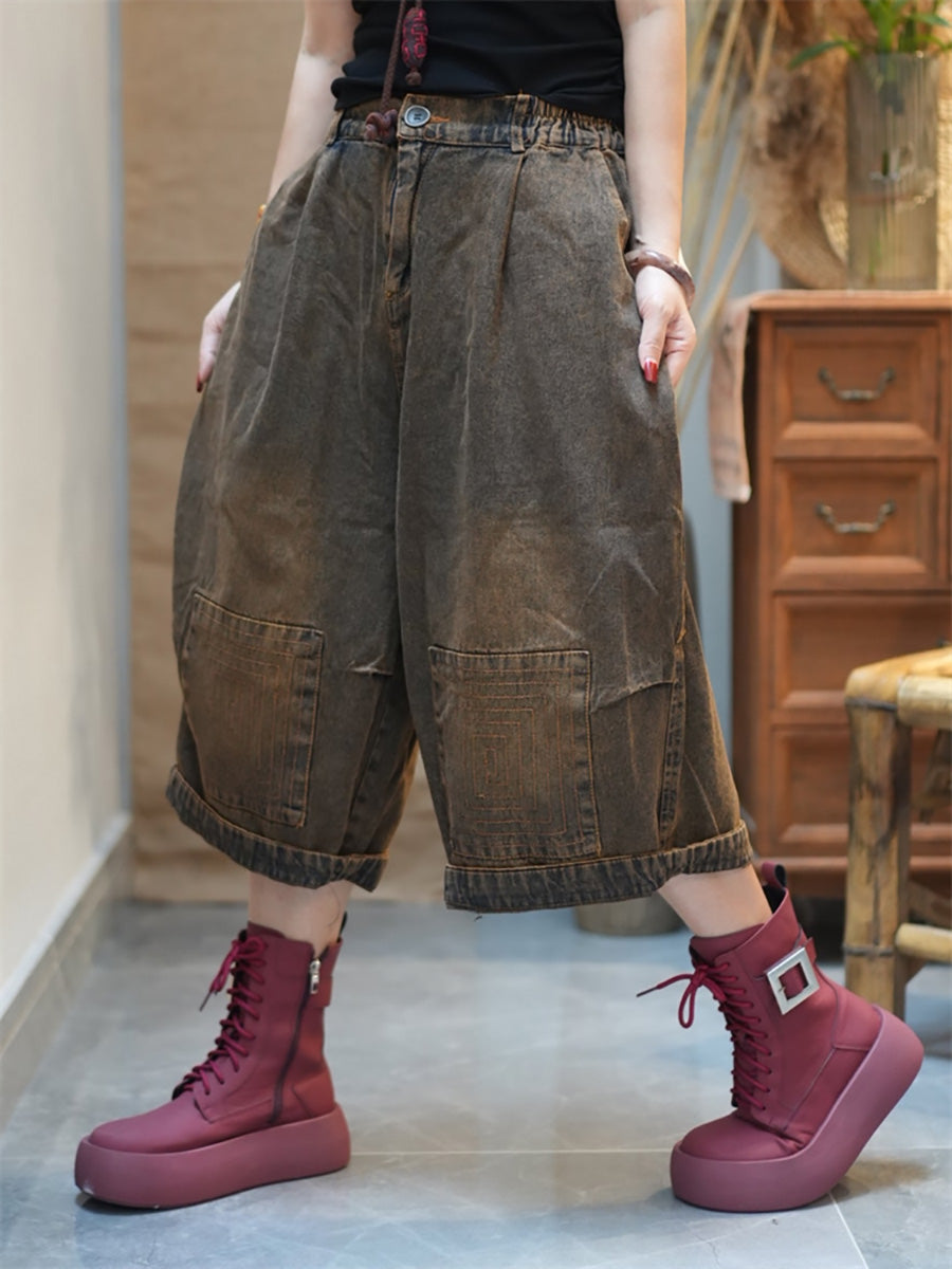 Denim Pants Wide-leg Worn Cropped