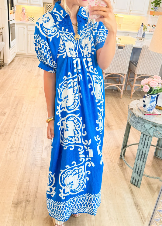 Blue Mixed Print Puff Sleeve Midi Dress