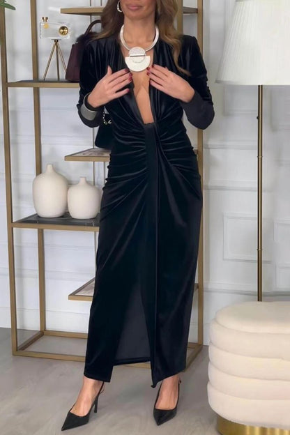 Classic Pleated Deep V Slit Party Maxi Dress